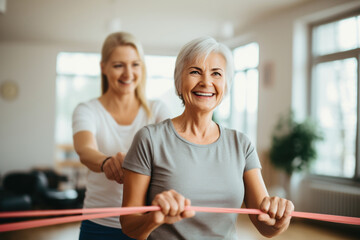 Physical therapist assisting woman with resistance band exercise