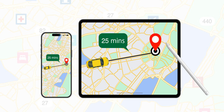 City map with taxi cars for smartphone,  mobile and computer tablet app. Concept of location and GPS service, pick up taxi cab, app on smart devices. Vector illustration.