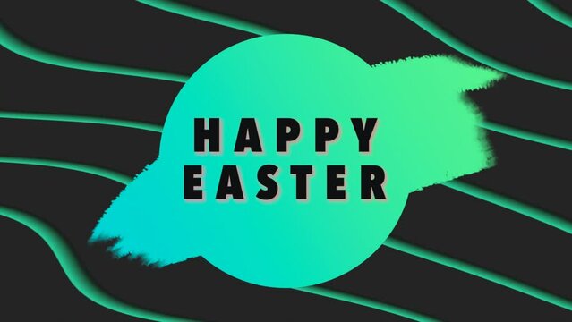 A vibrant image with a circle in the center, adorned with wavy lines, and the phrase happy easter in cheerful lettering. Blue and green hues dominate
