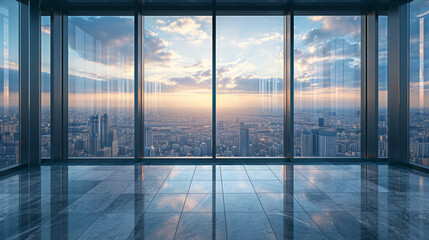 Empty Corporate Office Overlooking Cityscape - High-Rise Modern Workspace for Business Background
