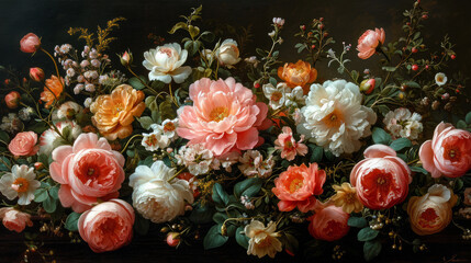 Classic Dutch Still Life with Roses and Mixed Flowers - Suitable for Art Reproduction and Vintage Decor Themes