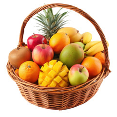 basket with mixed fruits, apples, mangoes, pineapples, oranges, plain on transparency background PNG