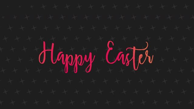 A stylish black greeting card reads Happy Easter in vibrant red letters. The edgy font features diagonal lines, contrasted against a grid pattern background of small squares
