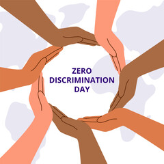 Zero Discrimination Day background. Hands of people of different skin tones joined in a circle.  Equality concept. Peace concept. - obrazy, fototapety, plakaty