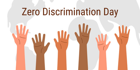 Zero Discrimination Day background. Hands of people of different skin tones raised upwards. Equality concept. - obrazy, fototapety, plakaty