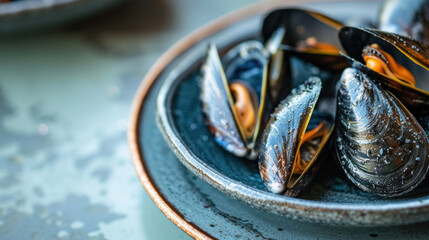Close-up of mussels in shells with drops of water on a deep plate with a rough texture. The light reflecting off the seafood highlights their freshness and texture.