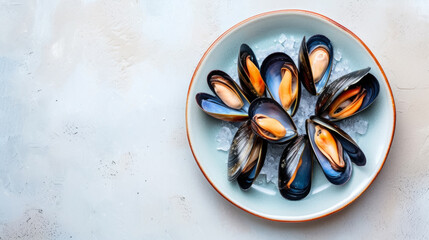 Mussels on a plate with ice, neatly stacked on a light table. The top view allows you to see the bright orange insides of the mollusks and their glossy dark blue shells