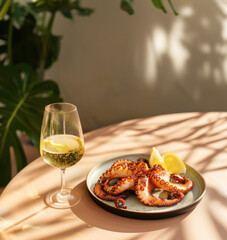 A plate with baked octopus and lemon slices is on the table, next to it is a glass of white wine. A creative summer concept in the style of minimalism, pastel sweets. Shadows of a sunny day, caustics