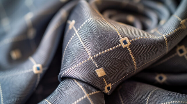 Grey silk tie in close-up with a subtle geometric pattern. Elegant design and shiny sheen of silk fabric. The concept for the trend is quiet luxury
