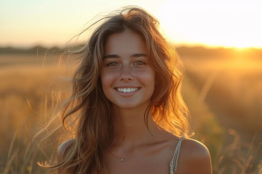 Sunset Smile A Gorgeous Girl's Golden Glow Generative AI