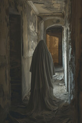 Naklejka premium Ghostly Presence in Decayed Corridor - Haunting Image for Spooky Narratives and Halloween