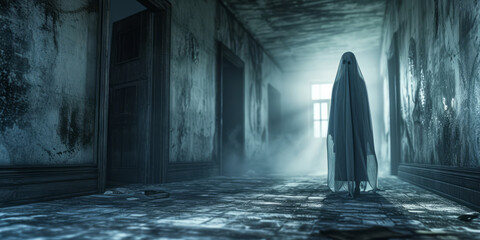 Ghost in Abandoned Mansion Corridor - Atmospheric Horror Scene for Creepy Narratives