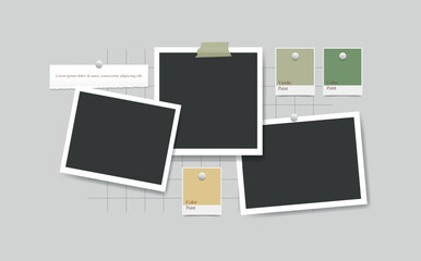 Polaroid Blank photo frames, samples  glued on gray wall. Mood board template collage 