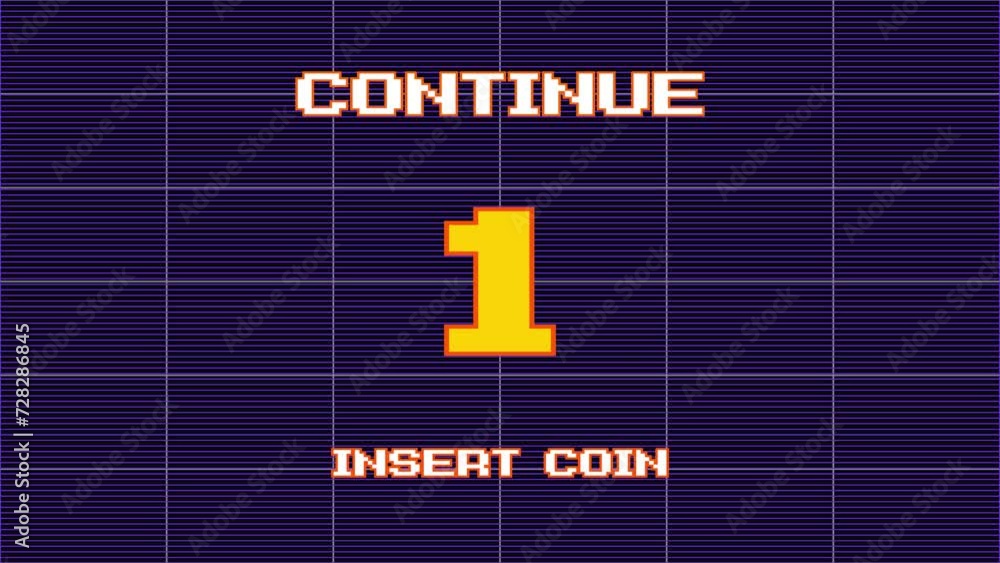 Poster insert coins to continue, start . countdown to continue 9 to 0 after the game over screen, retro 8 b
