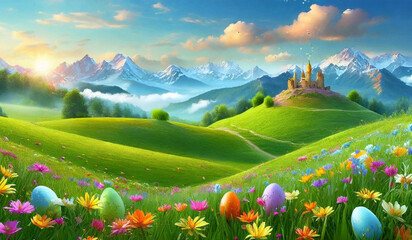 Easter background and Colorful eggs and flower field in hill with green fields and colorful flower on a bright Day - obrazy, fototapety, plakaty