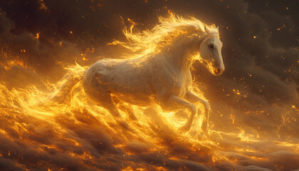 Inferno Stallion: White Horse Enveloped in Flames, Sparks, and Smoke - Fiery Elegance - obrazy, fototapety, plakaty
