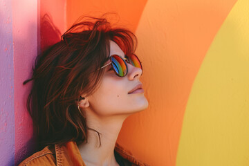 Relaxed Young Woman in Sunglasses Against Colorful Wall - Summer and Fashion Theme