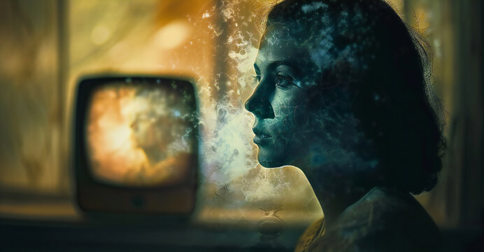 Flashback hallucinating concept with a mysterious woman looking far away.