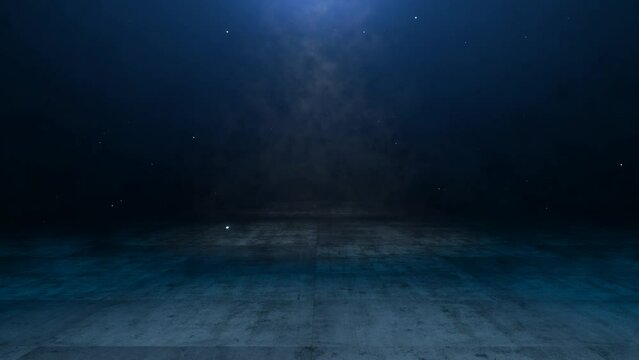 Camera movement through fog with concrete floor. Template for futuristic design. Vieo template for your product. Video futuristic background. Dark empty street, dark blue background, empty dark stage,