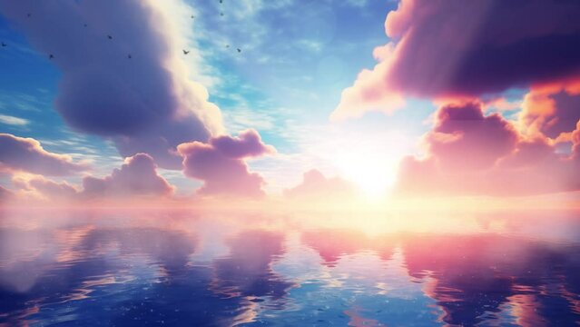 Beautiful blue summer sky with bright sun at sunset. sunrise over the sea. seamless looping overlay 4k virtual video animation background 