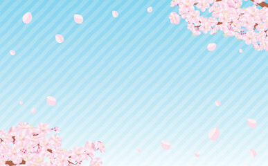 背景やタイトル・見出しに使えるシンプルな桜の木や枝・満開の桜吹雪を描いた青空のストライプ春フレーム素材