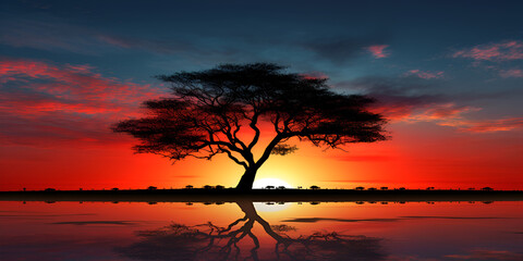 Beautiful tree in sunset over the lake ,sunset on the lake

