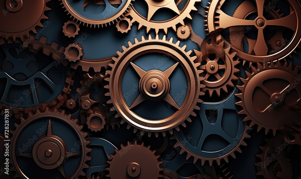 Poster a group of gears on a dark background. generative ai.