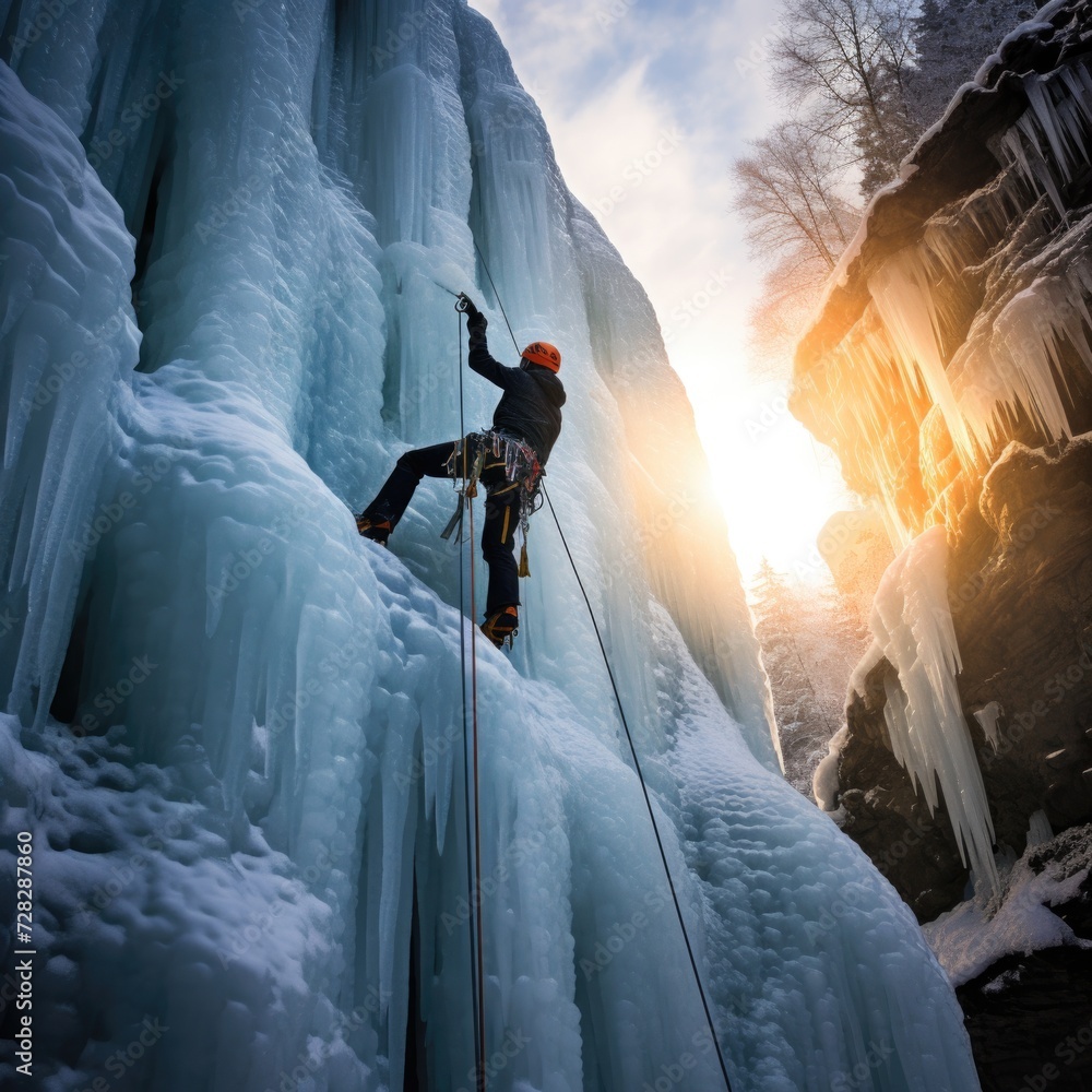 Poster man climbing on ice in the mountains. generative ai.