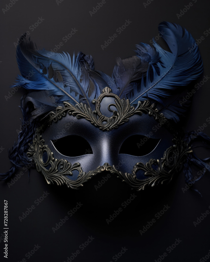 Sticker A blue and black venetian mask with feathers. Generative AI.