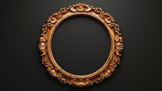 Vintage wood picture frame on a black background. Classic antique wooden picture frame with carved pattern