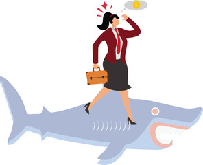 Successful businesswoman has a shark shadow, he always thinks like a shark