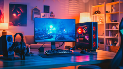 Vibrant Gamer's Haven with LED Lights and Dual Monitors - Gaming Setup