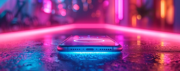 Glowing Phone on Purple Neon Path A Futuristic Nighttime Scene Generative AI