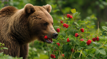 The sheer delight of a bear as it relishes mouthwatering raspberries