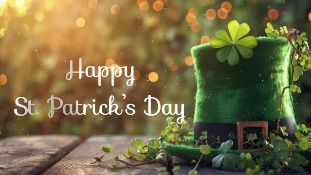 Happy St. Patrick's day background, leaf clover and hat, happy saint patricks day lettering.
