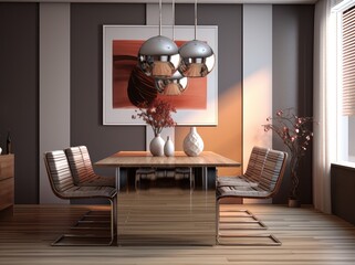 Modern dining room interior design. 3d render illustration mock up.