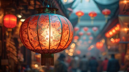 Chinese New Year Celebration A Luminous Red Lantern Hanging in the Sky Generative AI