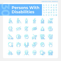 People with disabilities gradient linear vector icons set. Intellectual disability, neurology. Genetic disorder. Thin line contour symbol designs bundle. Isolated outline illustrations collection
