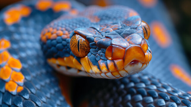 Deadly snake looking into the camera. Exotic snake look at you. Snake eyes. Reptile predator. Aggressive snake face close up. Beautiful abstract wallpaper