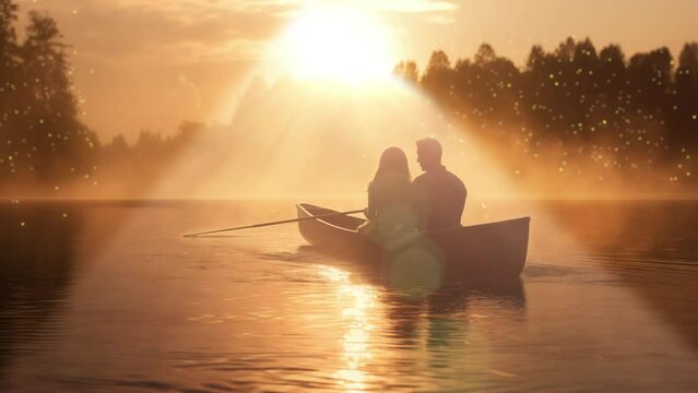 Romantic golden sunset river lake fog loving couple. seamless looping overlay 4k virtual video animation background 