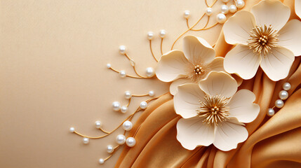 3D wallpaper gold jewelry flowers on silk background