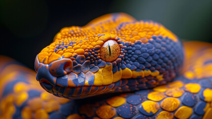 Fototapeta premium Deadly snake looking into the camera. Exotic snake look at you. Snake eyes. Reptile predator. Aggressive snake face close up. Beautiful abstract wallpaper
