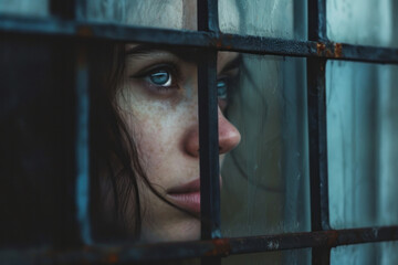 Woman Looking Out of a Barred Window - obrazy, fototapety, plakaty