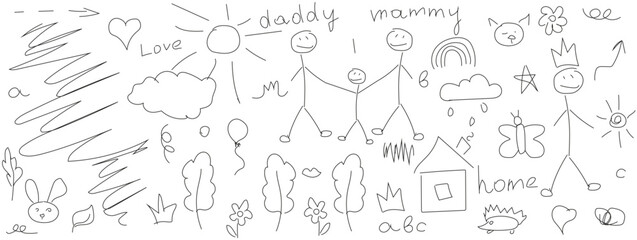 Childish scribble isolated white background. Children hand drawing rainbow tree sun flower animal set. Hand drawn doodle child element collection. Vector illustration. EPS 10 Editable stroke.