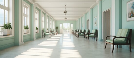 3D render of a long corridor in a hospital with green chairs
