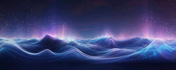 Abstract digital landscape or waves with flowing particles. Visualization of sound waves - obrazy, fototapety, plakaty