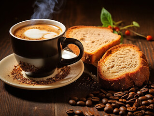 Breakfast , cup of aromatic coffee and toast. Banner. Neutral background.