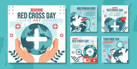 Red Cross Day Social Media Post Flat Cartoon Hand Drawn Templates Background Illustration - obrazy, fototapety, plakaty