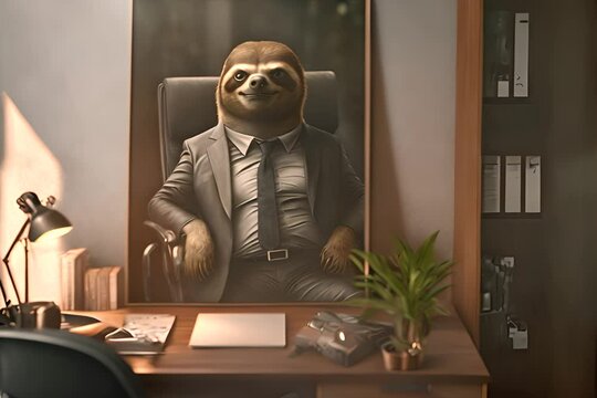 Anthropomorphic business sloth sitting his office confidently and seriously 