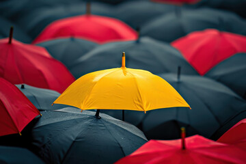 Large Group of Umbrellas Surrounding a Yellow Umbrella